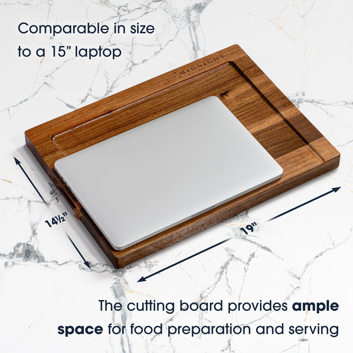 Wooden cutting board  showing dimensions and text about its size and use.